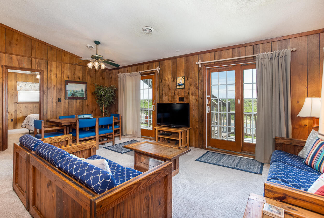 Living area with blue seating